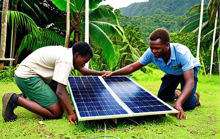 ** A diverse group of Solomon Islands students collaboratively working on a solar panel installation, showcasing renewable energy education and hands-on learning, with a backdrop of lush tropical scenery. The image should convey a sense of optimism and future sustainability.

**