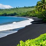 Home 10 Tranquil Guadalcanal Beach**
"A serene view of Tetere beach on Guadalcanal. Black volcanic sand stretches along the shore, meeting lush green vegetation. Gentle waves lap at the beach. In the distance, a few local people are seen fully clothed, peacefully walking along the shore. safe for work, appropriate content, fully clothed, perfect anatomy, natural proportions, professional photography, high quality, family-friendly"
**