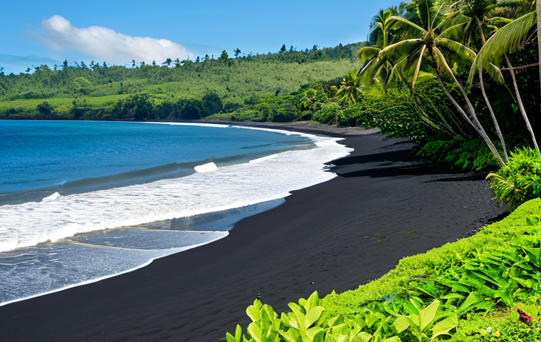 Tranquil Guadalcanal Beach**

"A serene view of Tetere beach on Guadalcanal. Black volcanic sand stretches along the shore, meeting lush green vegetation. Gentle waves lap at the beach. In the distance, a few local people are seen fully clothed, peacefully walking along the shore. safe for work, appropriate content, fully clothed, perfect anatomy, natural proportions, professional photography, high quality, family-friendly"

**