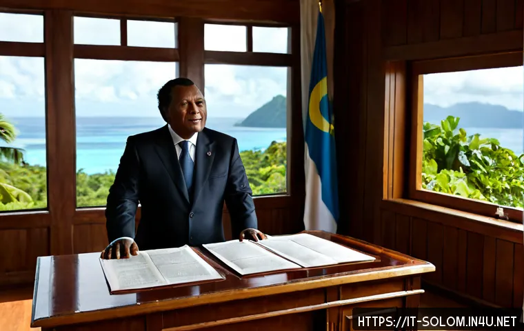 솔로몬 제도 총리 정보 - Photorealistic editorial-style scene of a Solomon Islands prime minister figure in a formal dark sui...
