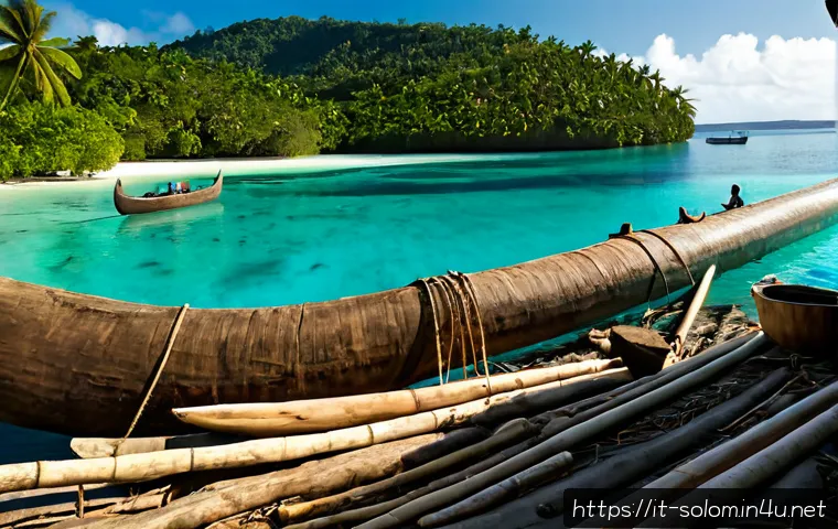 Home 15 솔로몬 제도 카누 제작법 - Photorealistic Solomon Islands canoe builder shaping a large hollowed hardwood log with traditional ...