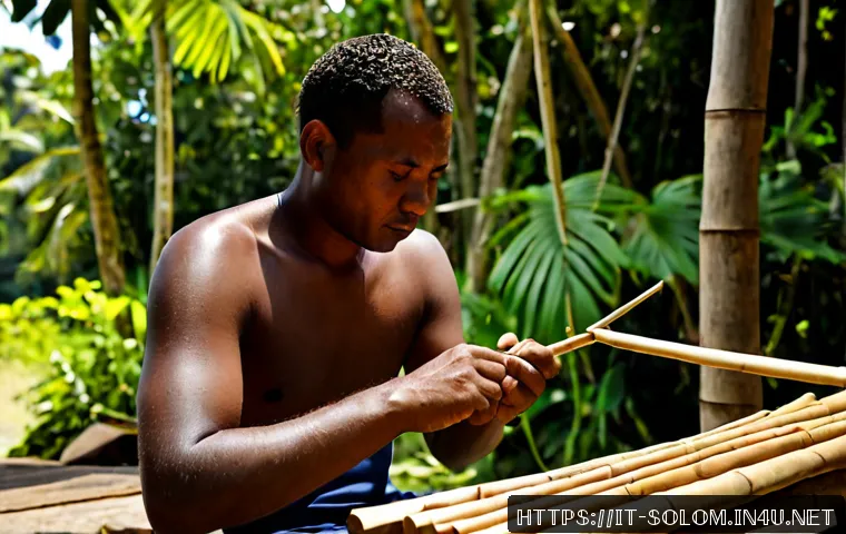 Home 16 솔로몬 제도 악기 제작 - Photorealistic Solomon Islands artisan shaping a traditional wooden panpipe in an open-air coastal w...